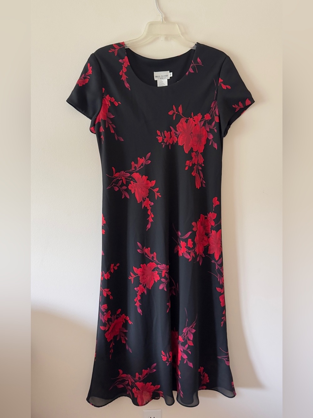 Black Midi Dress with Red Floral Pattern